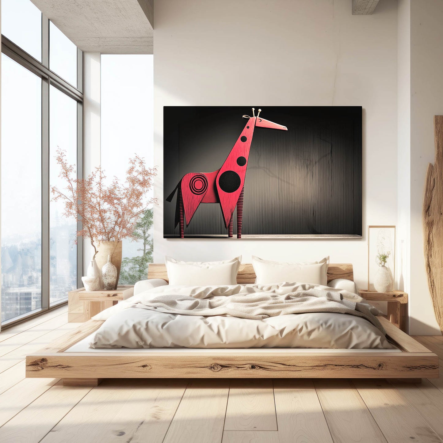Modern bedroom with a wooden bed and a large red giraffe sculpture on the wall.