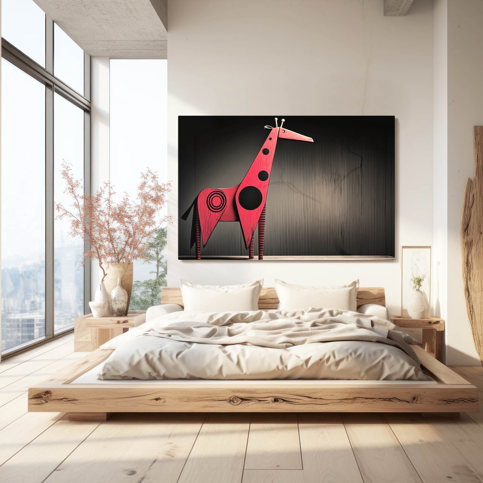 Modern bedroom with a wooden bed and a large red giraffe sculpture on the wall.