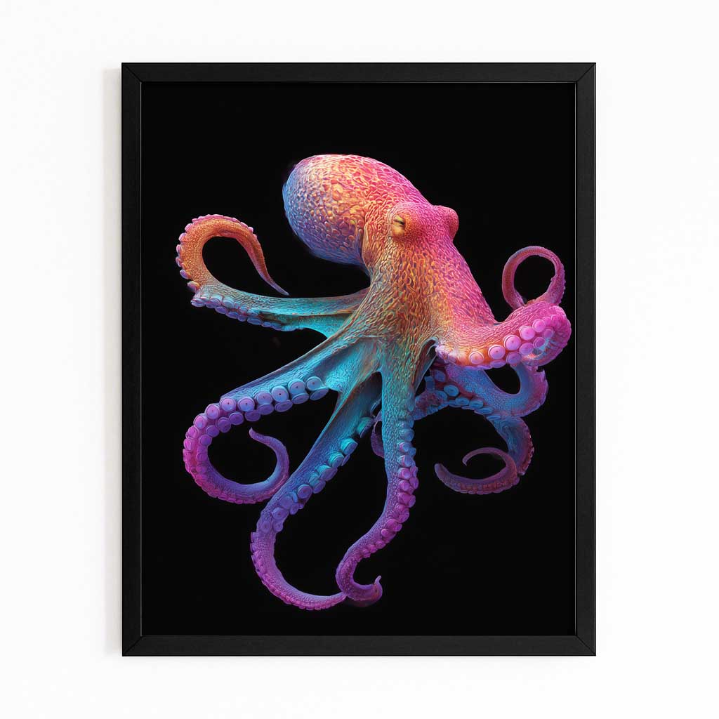Iridescent Dancer Octopus Prints – with Premium Black frame on white background