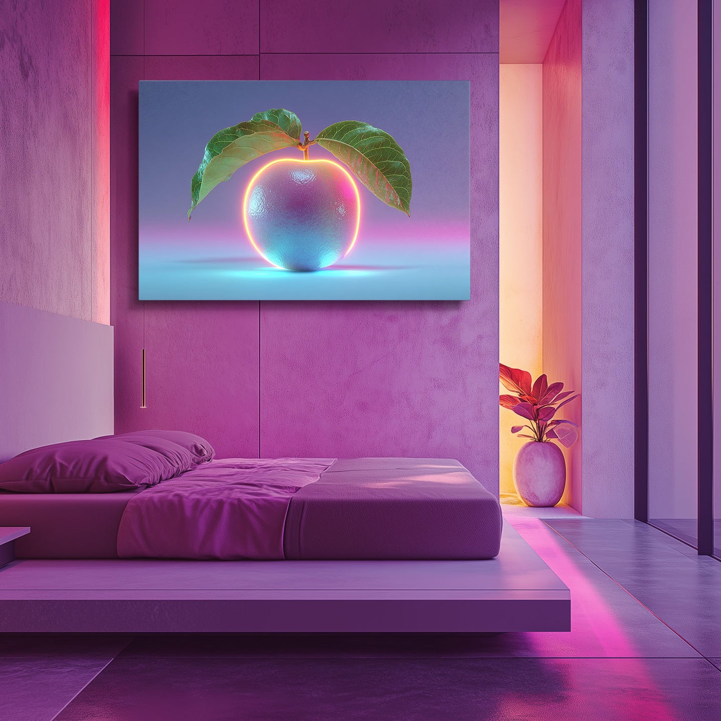 Iridescent Neon Peach Fruit Canvas Art – styled in a furnished interior