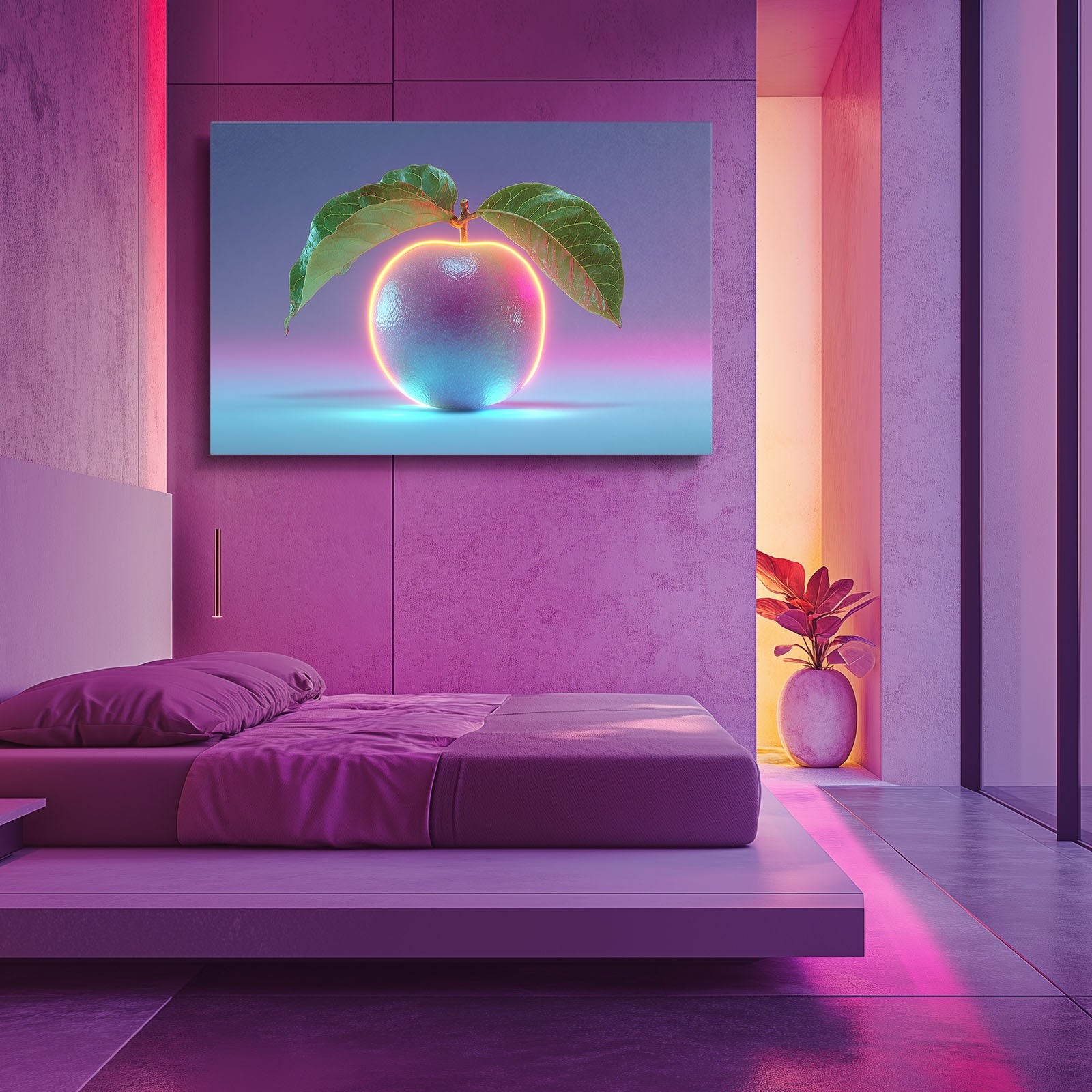 Iridescent Neon Peach Fruit Canvas Art – styled in a furnished interior