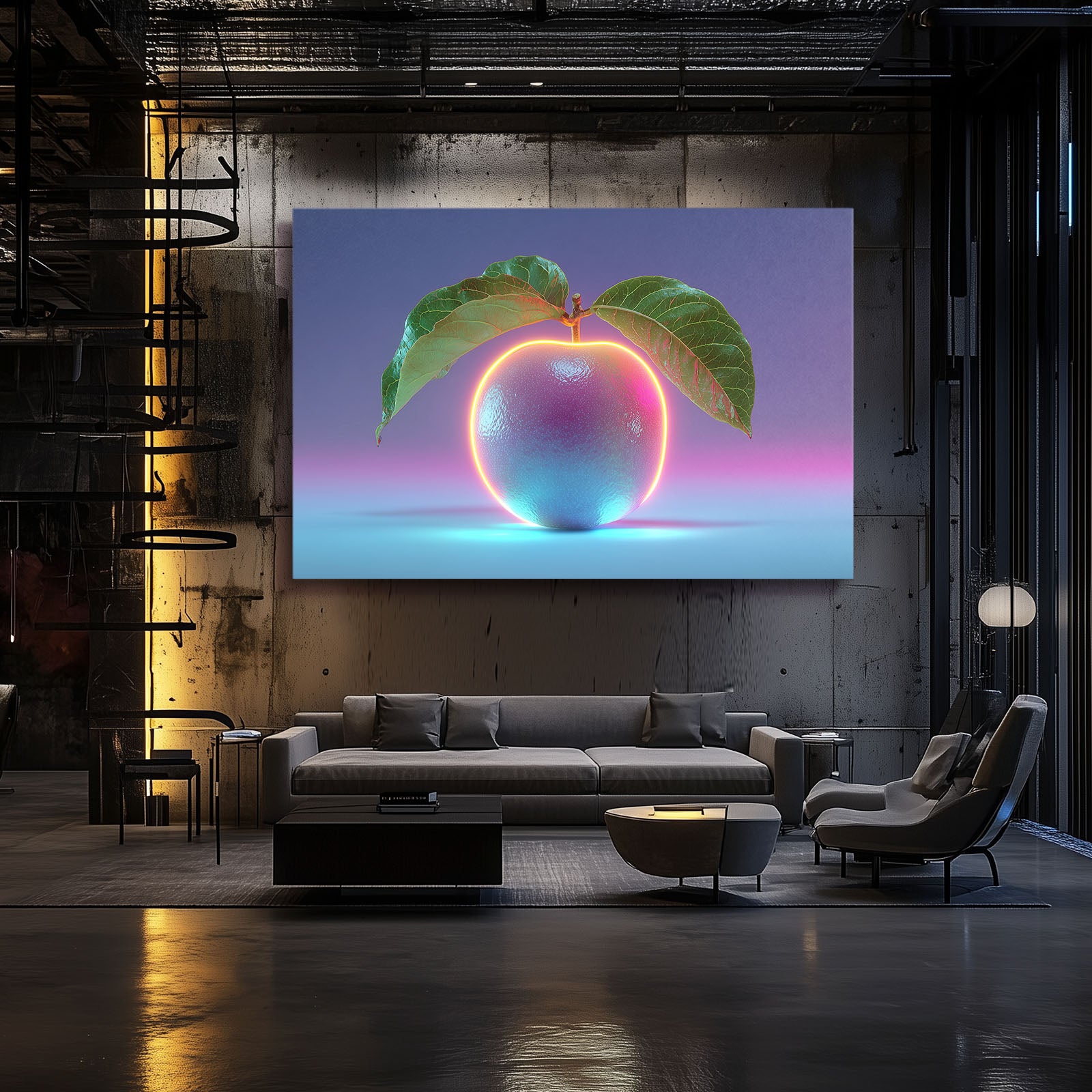 Iridescent Neon Peach Fruit Canvas Art – styled in a furnished interior