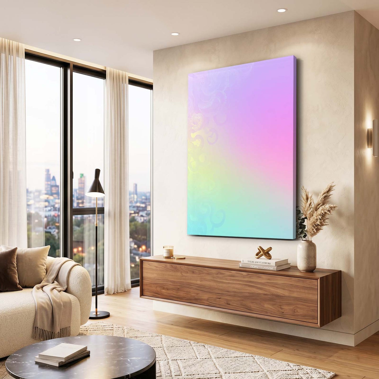 Iridescent Pastel Haze Octopus Wall Art – styled in a furnished interior
