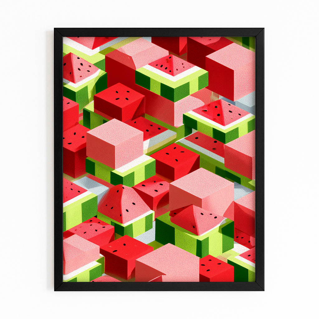 Isometric Watermelon Cubes Fruit Art – with Premium Black frame on white background