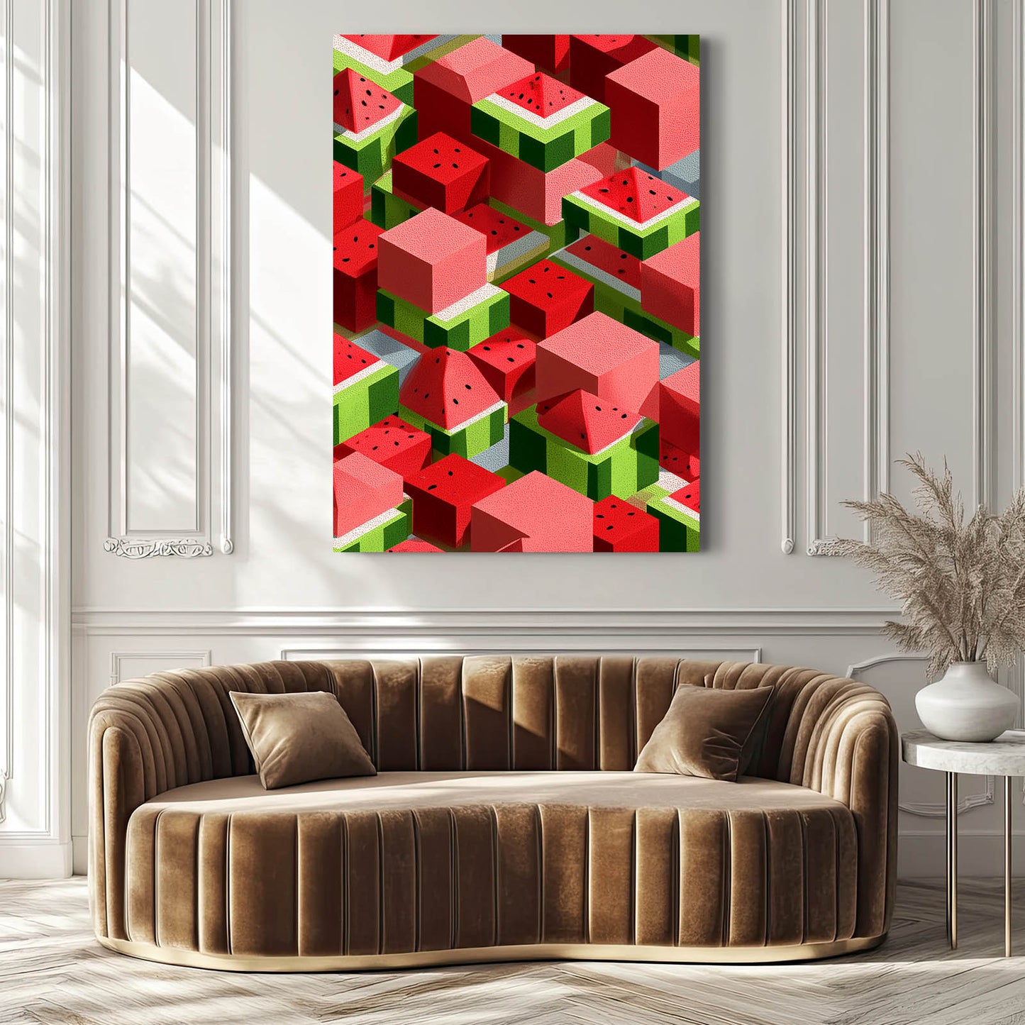 Isometric Watermelon Cubes Fruit Art – styled in a furnished interior