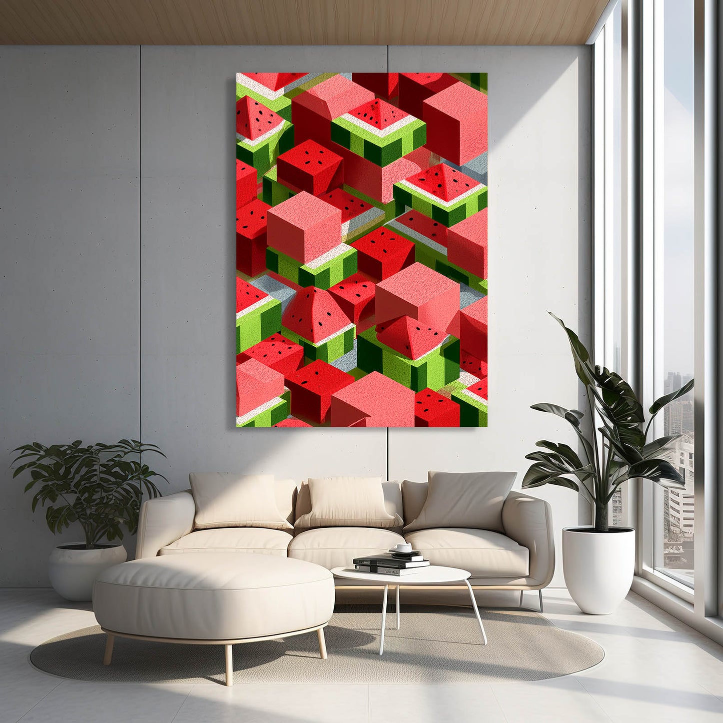 Isometric Watermelon Cubes Fruit Art – styled in a furnished interior