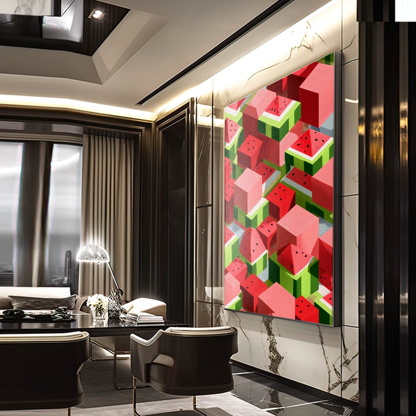 Isometric Watermelon Cubes Fruit Art – styled in a furnished interior
