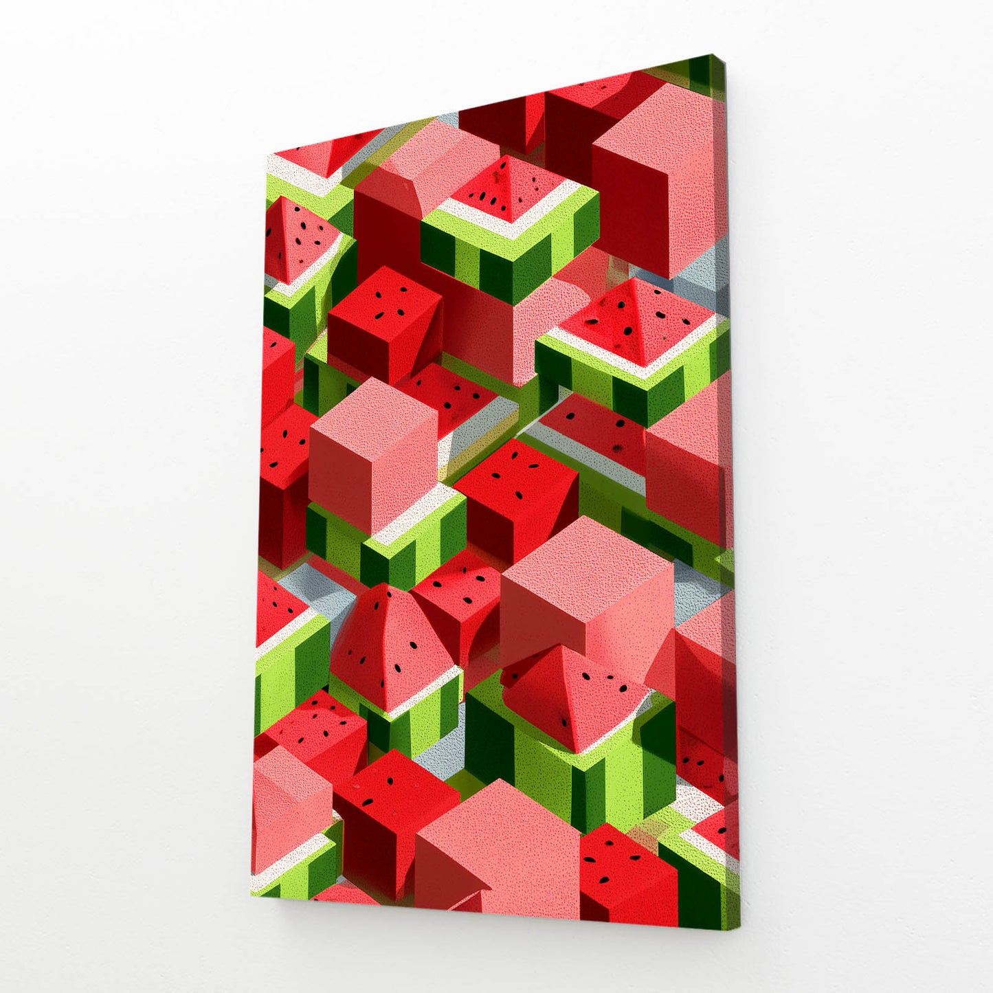 Isometric Watermelon Cubes Fruit Art – angled canvas view on white background