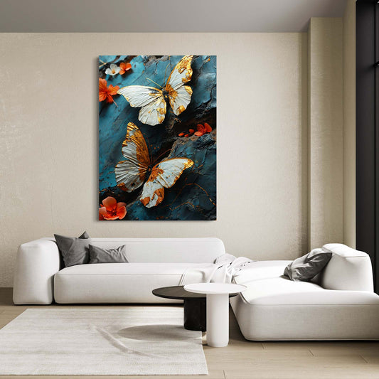 Ivory And Gold Butterfly Wall Art — luxury canvas print in blue tones, view 3