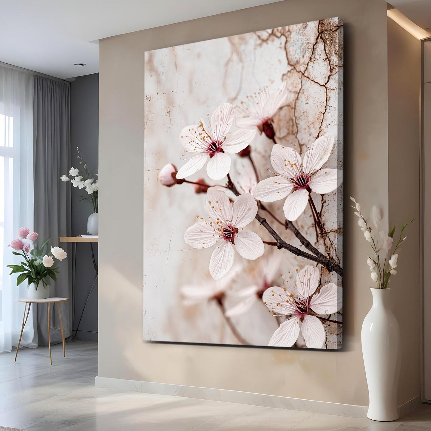 Ivory Macro Bloom Cherry Blossom Canvas – styled in a furnished interior
