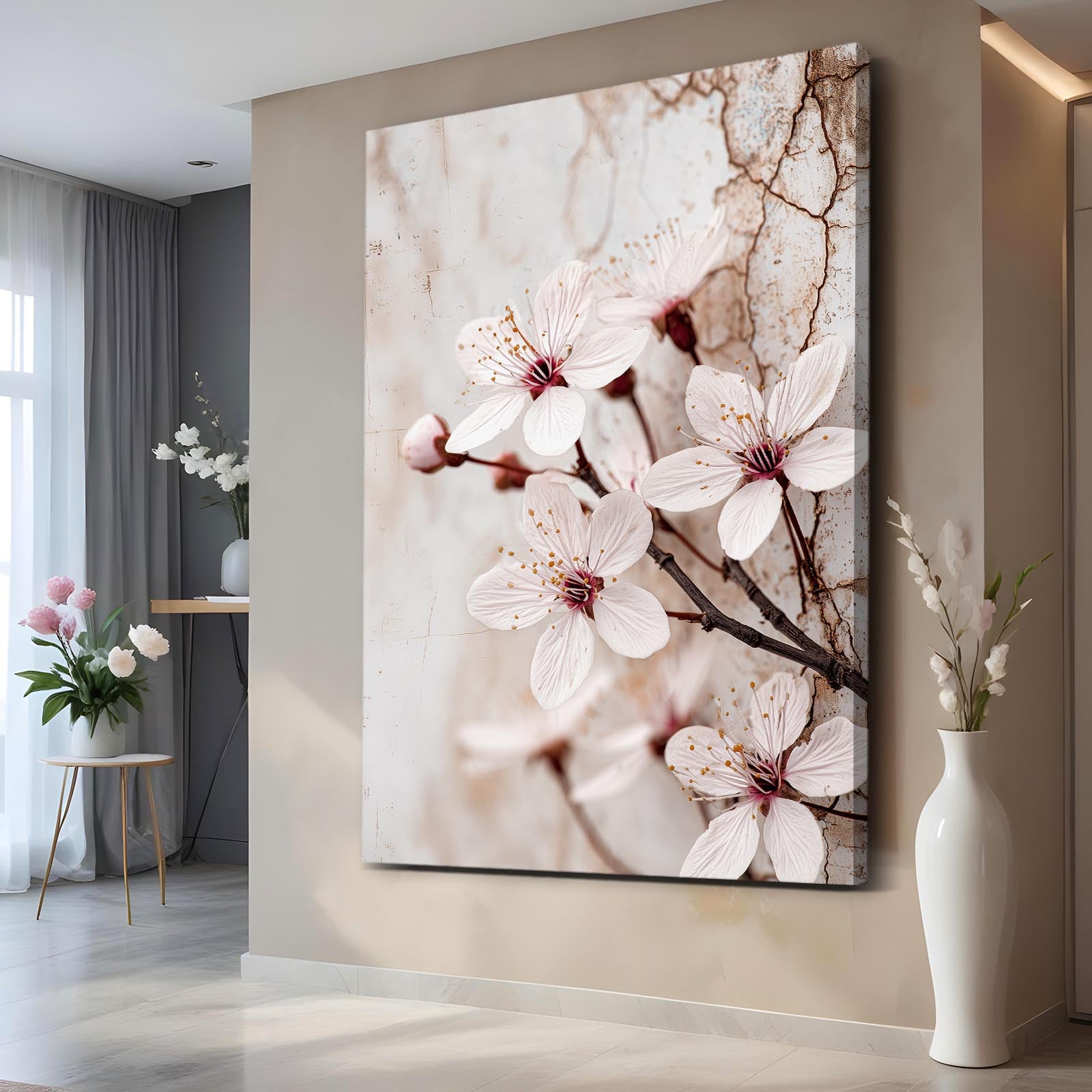 Ivory Macro Bloom Cherry Blossom Canvas – styled in a furnished interior