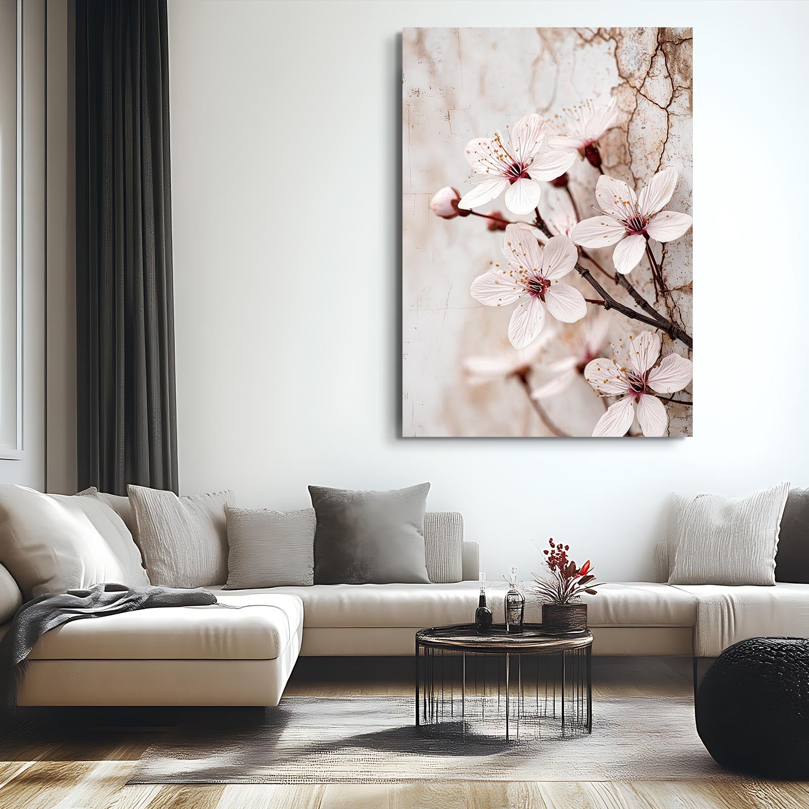 Ivory Macro Bloom Cherry Blossom Canvas – styled in a furnished interior