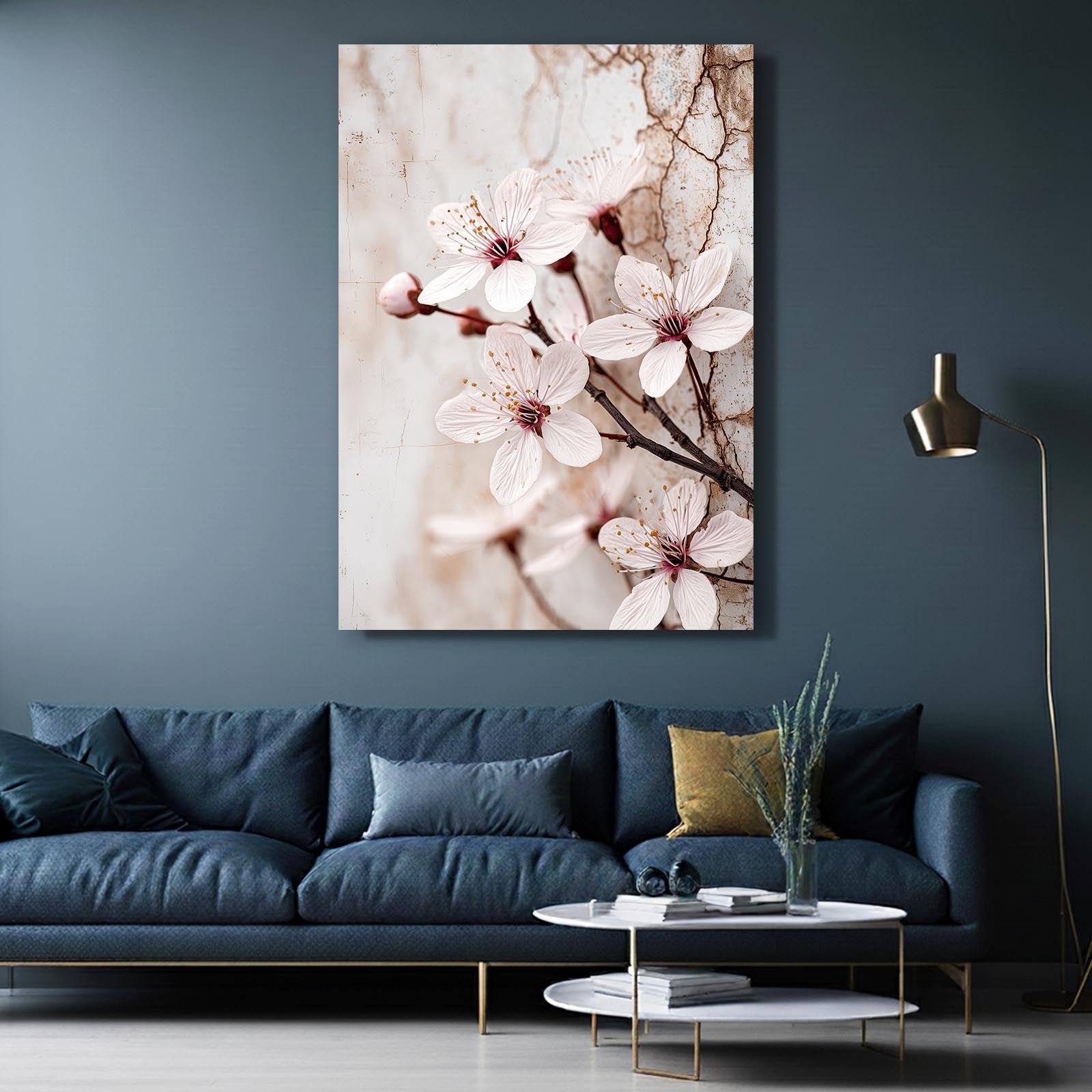 Ivory Macro Bloom Cherry Blossom Canvas – styled in a furnished interior