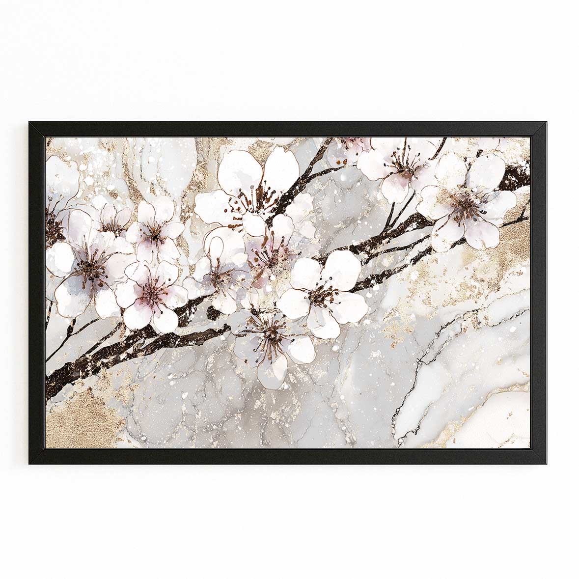 Ivory Marble Branch Cherry Blossom Wall Art – with Premium Black frame on white background
