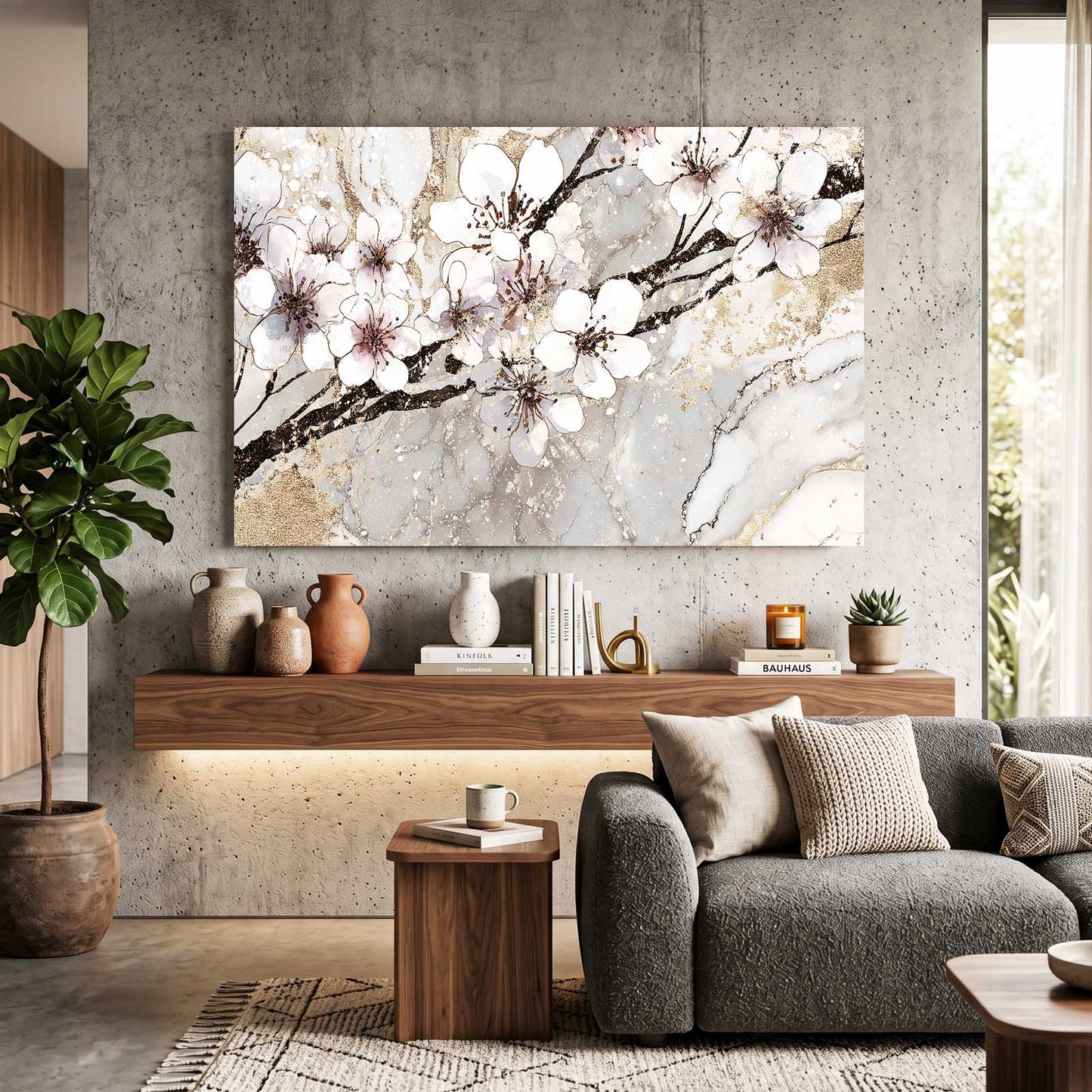 Ivory Marble Branch Cherry Blossom Wall Art – styled in a furnished interior