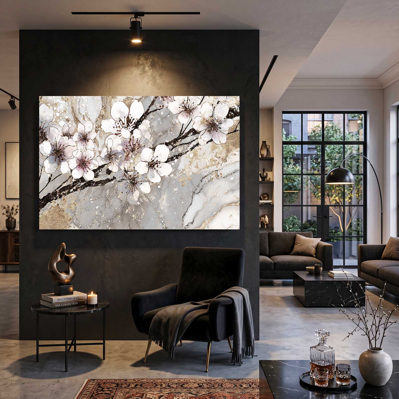Ivory Marble Branch Cherry Blossom Wall Art – styled in a furnished interior