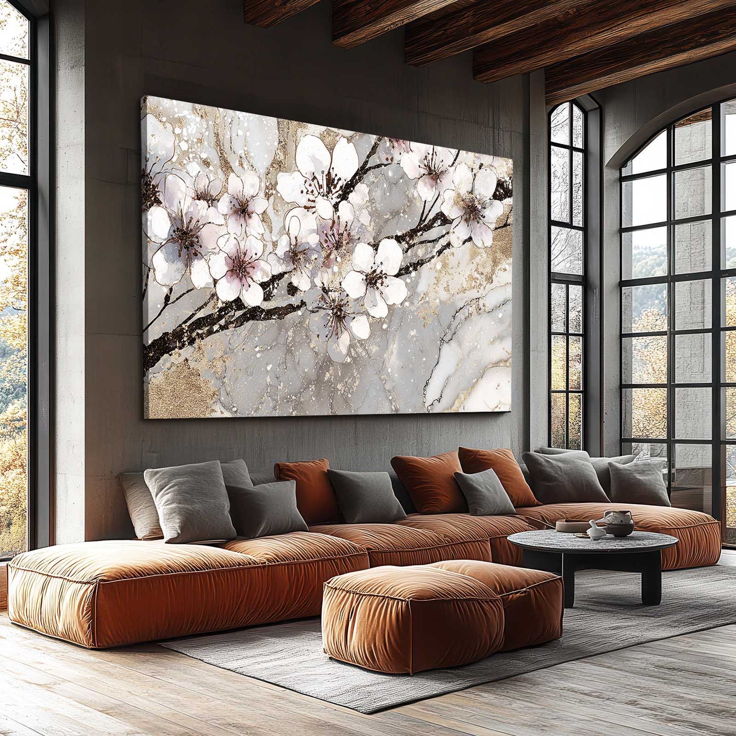 Ivory Marble Branch Cherry Blossom Wall Art – styled in a furnished interior