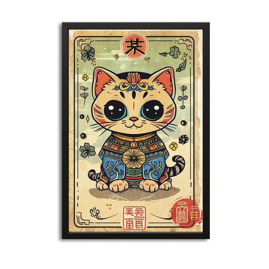 Japan Cat Wall Arts Canvas — anime canvas print in orange tones, with Premium Black frame on white background
