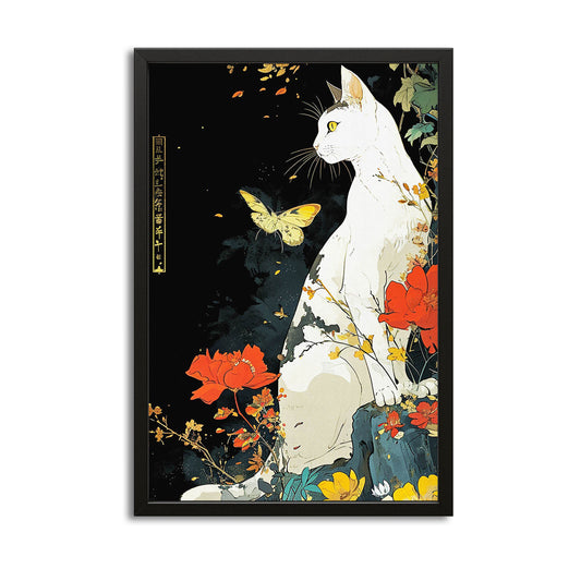 Japan White Cat Wall Art — japanese art canvas print in white tones, with Premium Black frame on white background