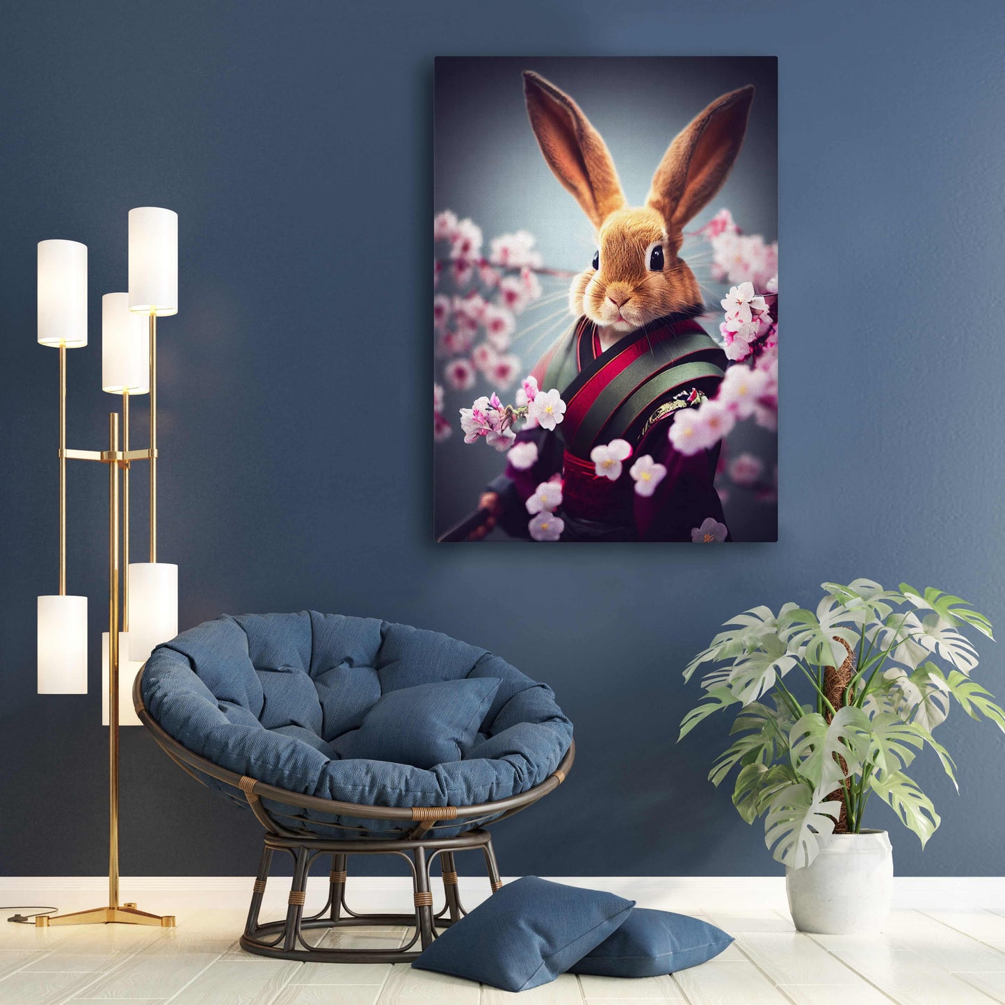 Japanese Bunny Wall Art – angled canvas view on white background