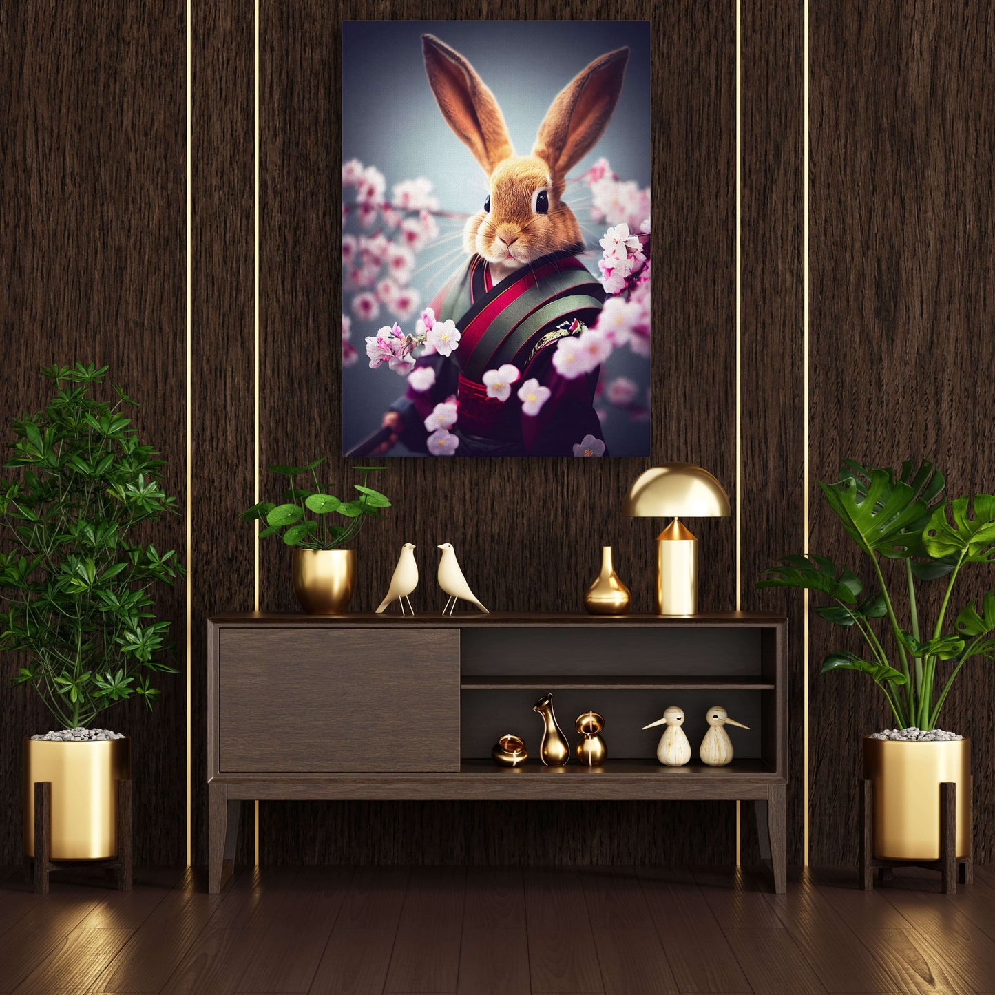 Japanese Bunny Wall Art – angled canvas view on white background