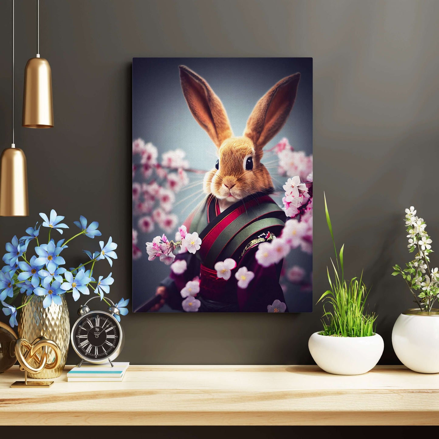 Japanese Bunny Wall Art – angled canvas view on white background
