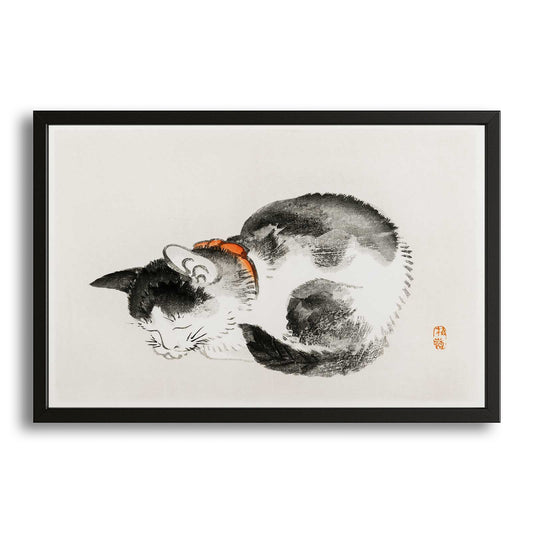 Japanese Cat Wall Art — japanese art canvas print in white tones, with Premium Black frame on white background