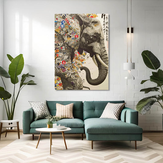 Japanese Collage Elephant Art — japanese canvas print in brown tones, view 3