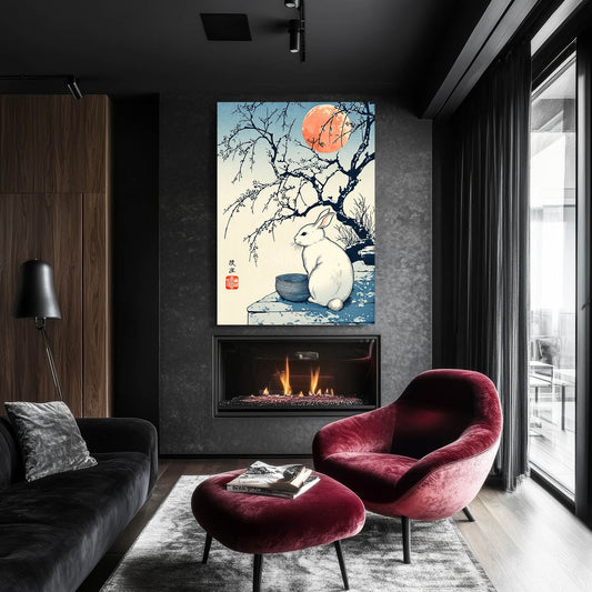 Japanese Rabbit Canvas Art – angled canvas view on white background