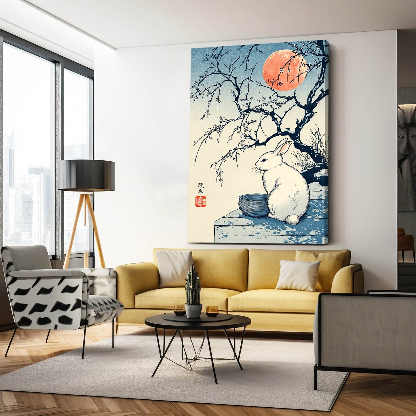 Japanese Rabbit Canvas Art – angled canvas view on white background