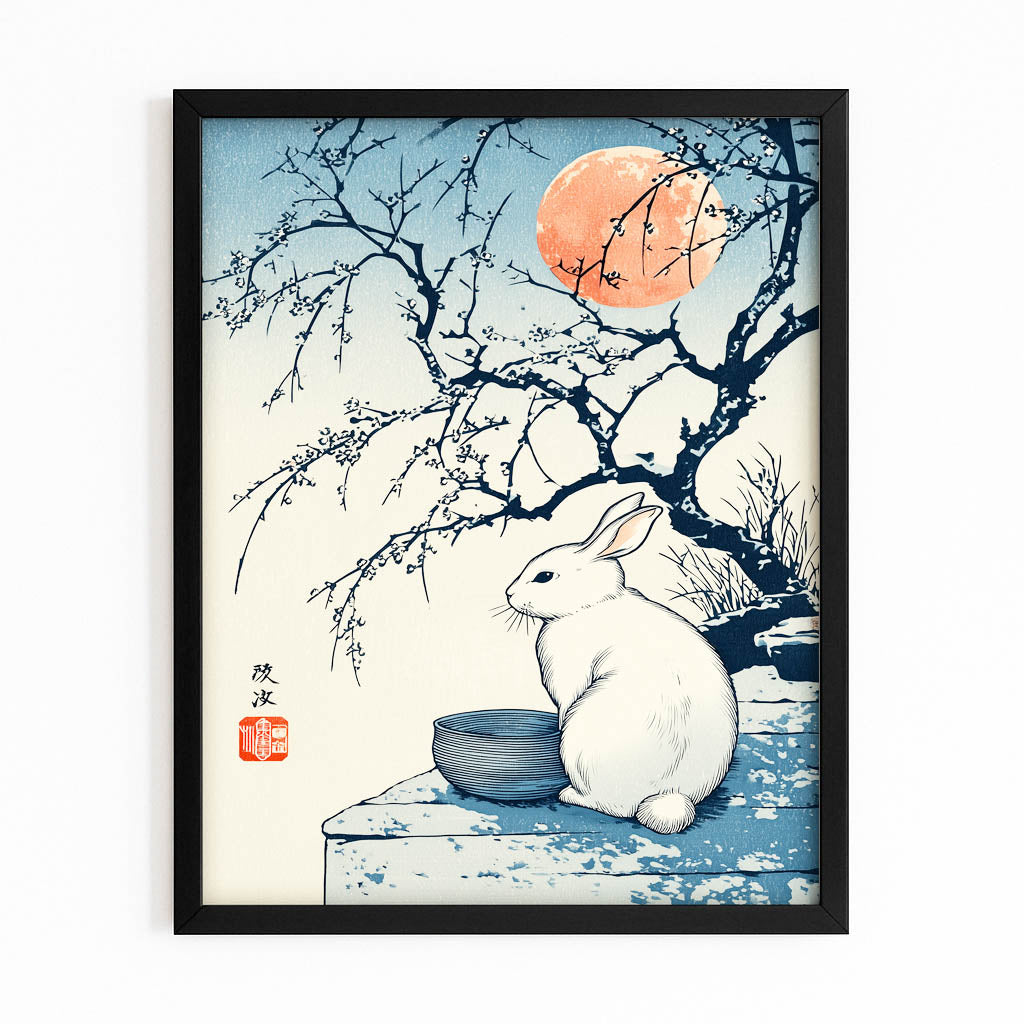 Japanese Rabbit Canvas Art – with Premium Black frame on white background