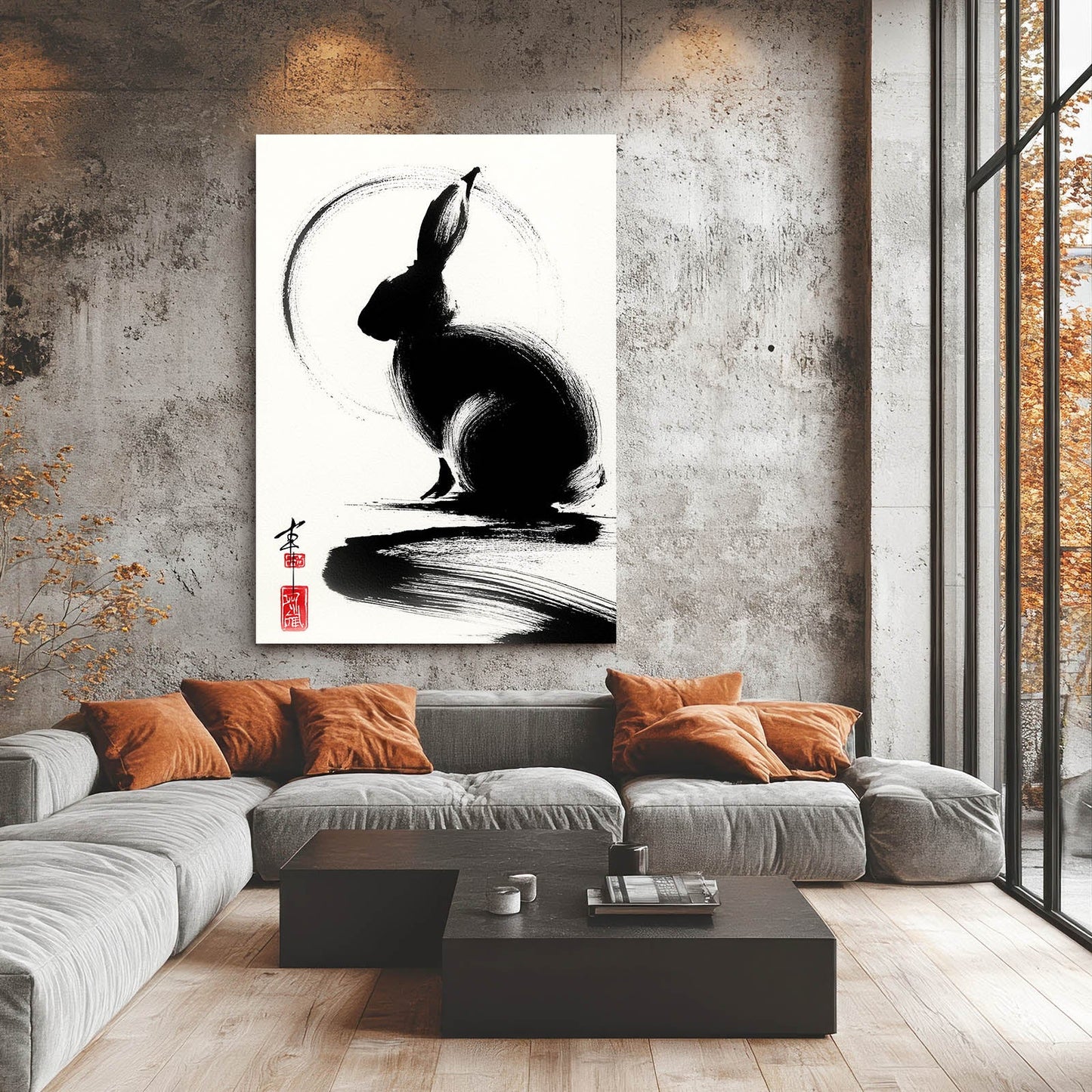 Japanese Rabbit Wall Art – angled canvas view on white background
