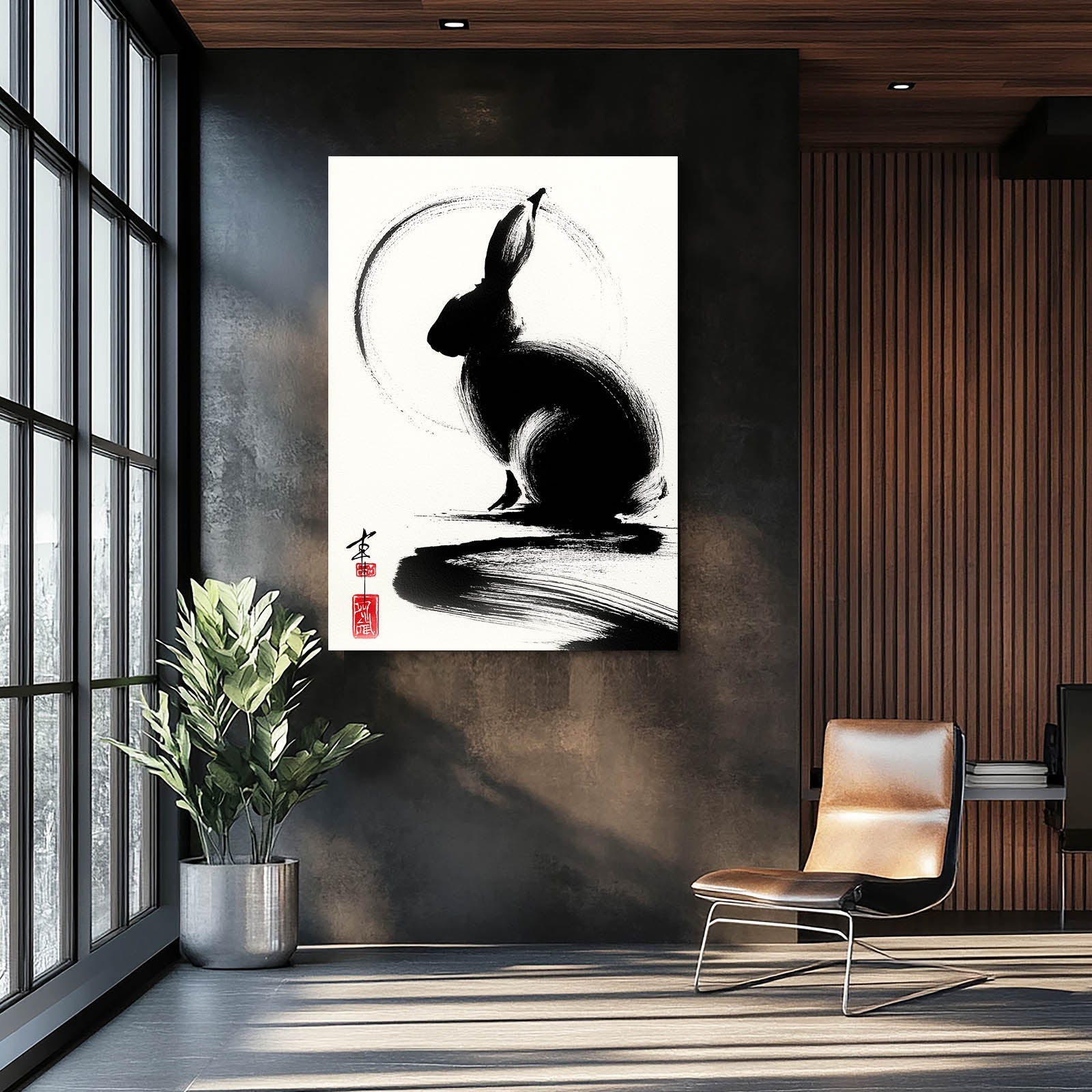 Japanese Rabbit Wall Art – angled canvas view on white background