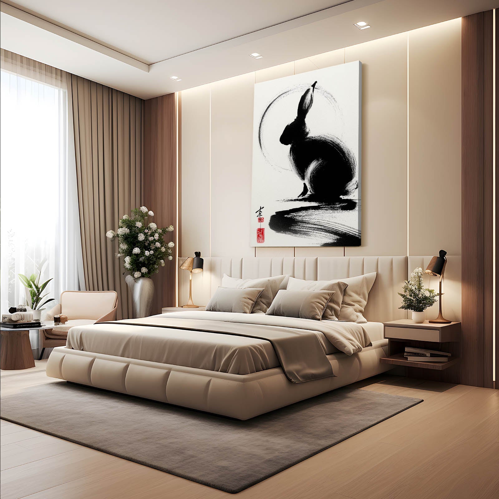 Japanese Rabbit Wall Art – angled canvas view on white background