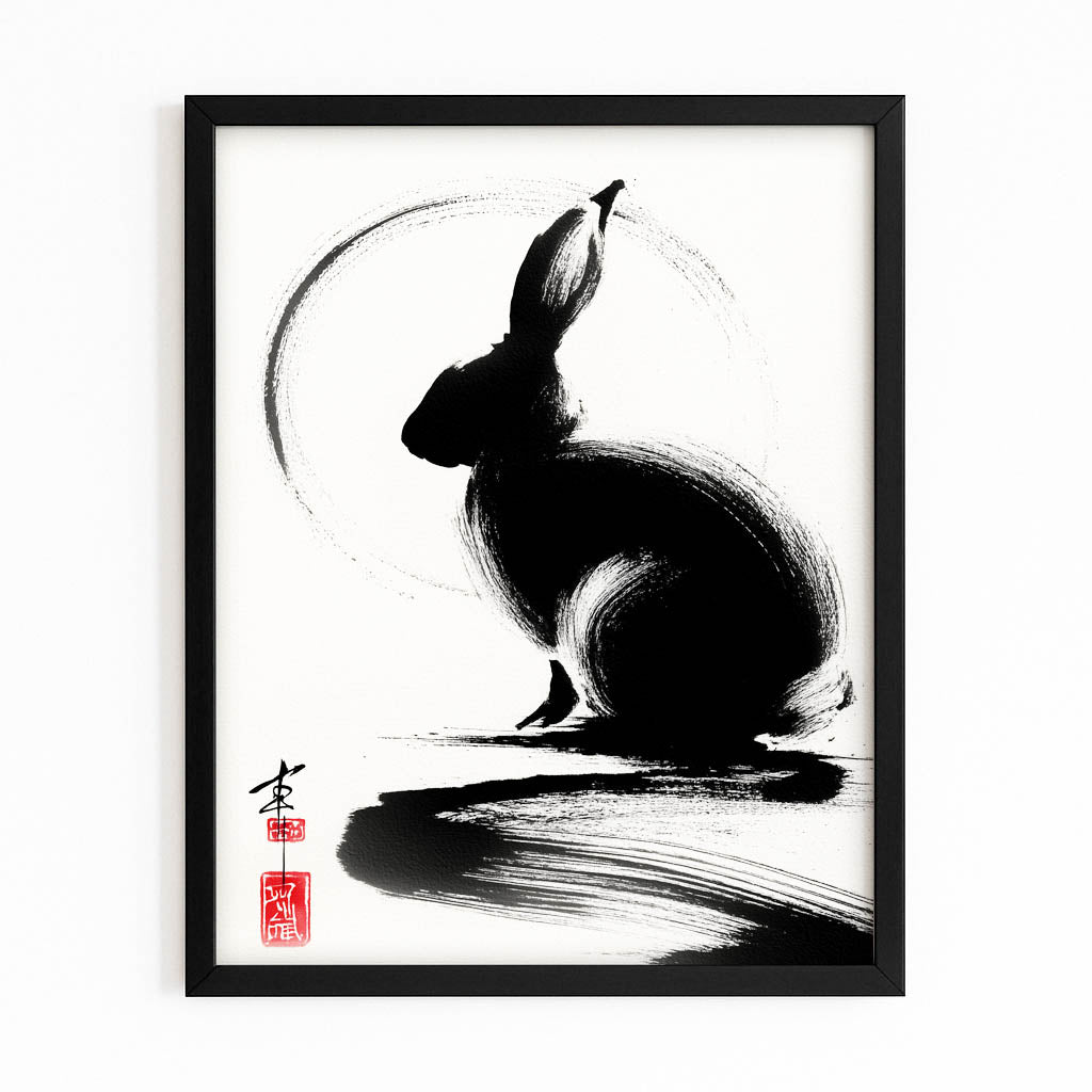 Japanese Rabbit Wall Art – with Premium Black frame on white background