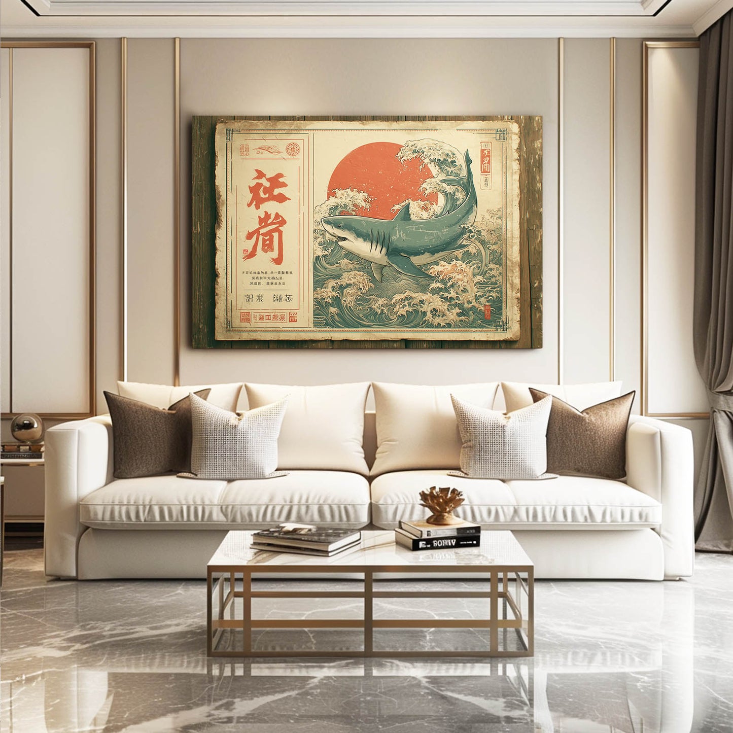 Japanese Woodblock Shark Wall Decor – styled in a furnished interior