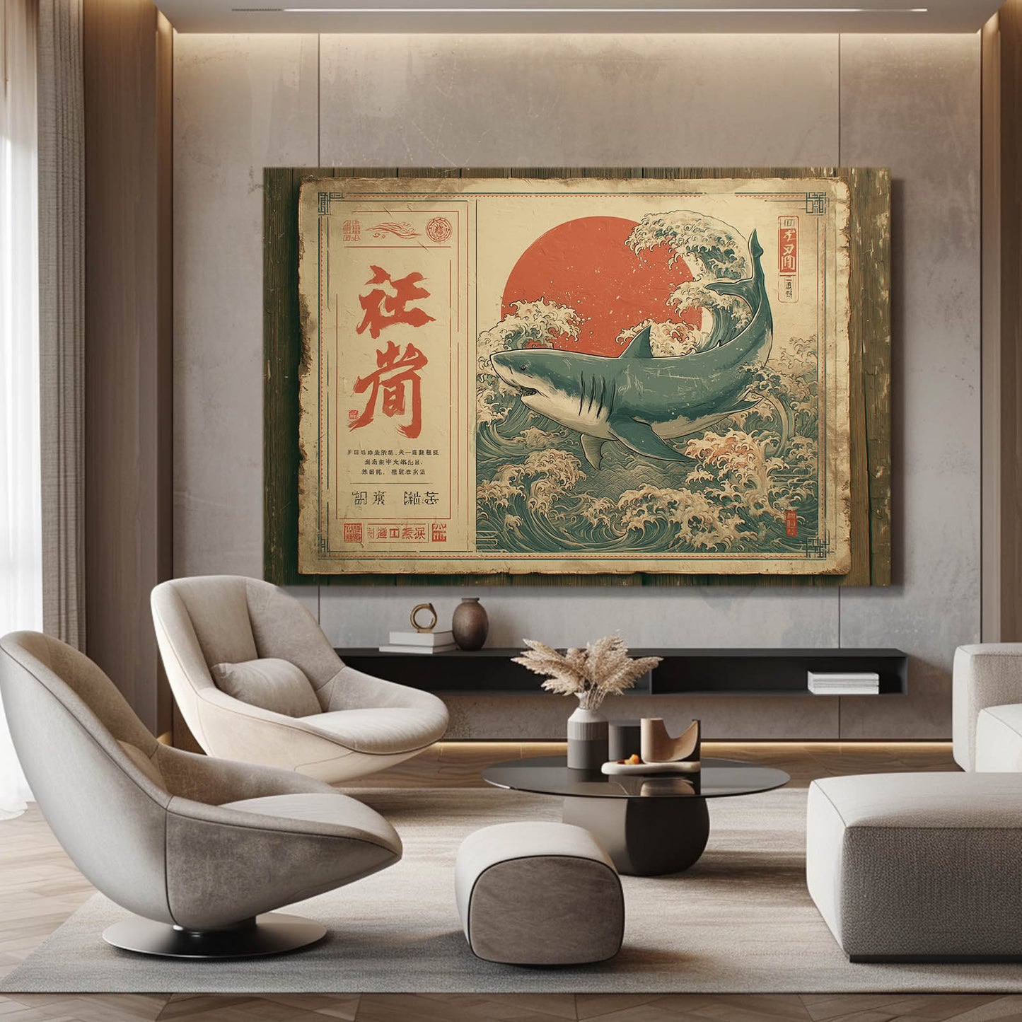 Japanese Woodblock Shark Wall Decor – styled in a furnished interior