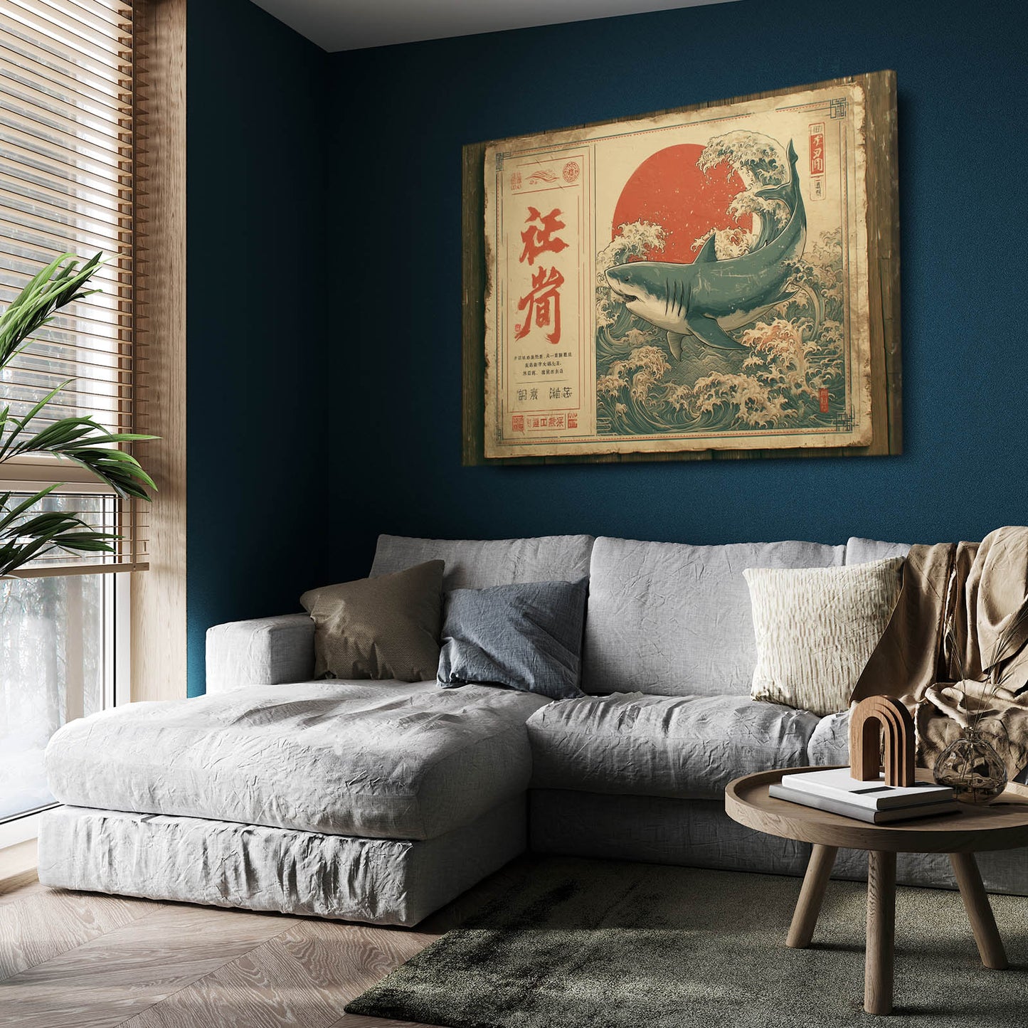 Japanese Woodblock Shark Wall Decor – styled in a furnished interior