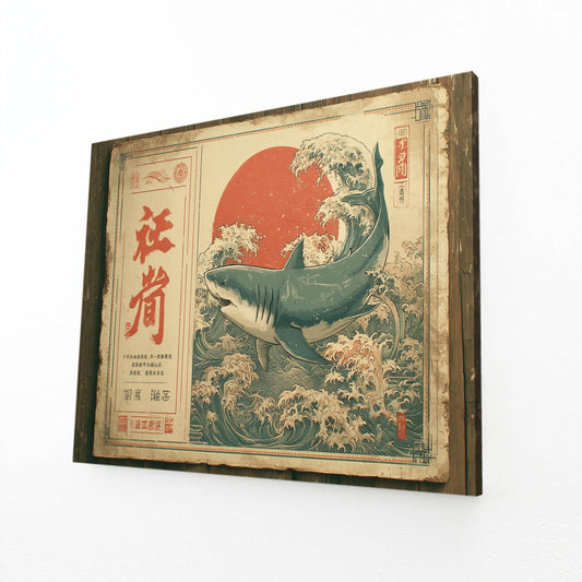 Japanese Woodblock Shark Wall Decor – angled canvas view on white background
