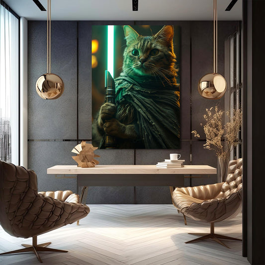 Jedi Warrior Cat Art — digital canvas print in green tones, view 3