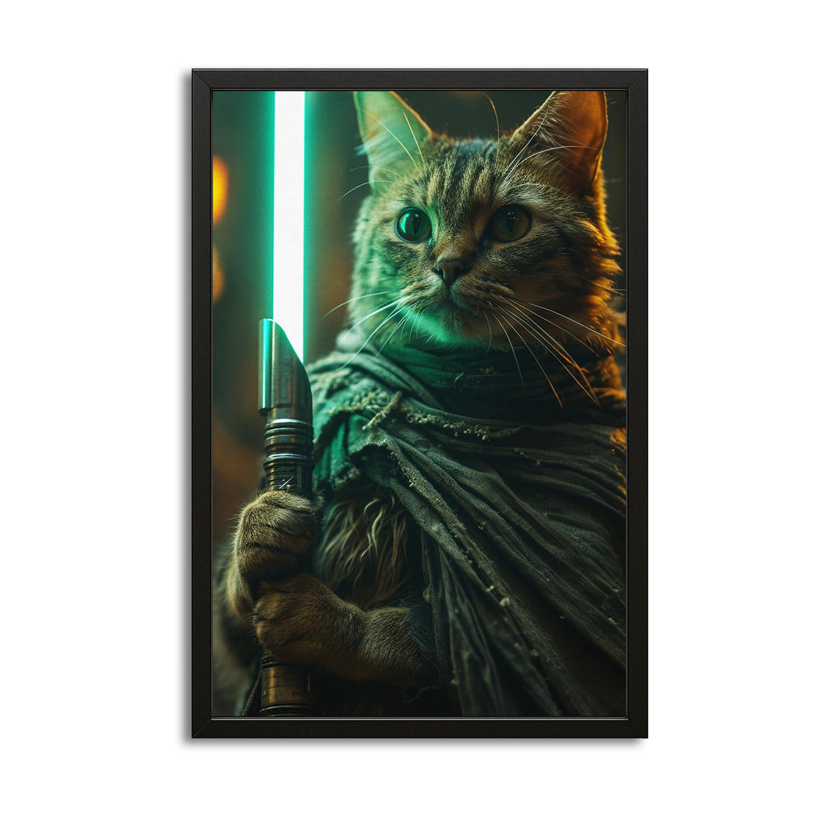 Jedi Warrior Cat Art — digital canvas print in green tones, canvas print on white background