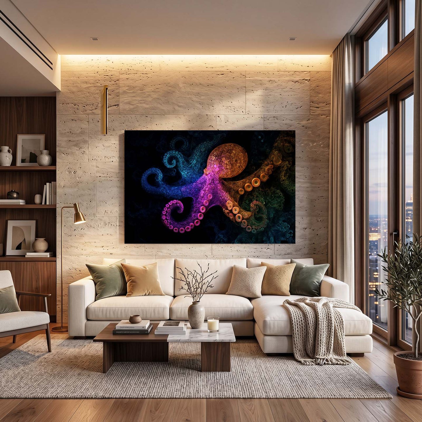 Jewel Deep Glow Octopus Canvas Art – styled in a furnished interior