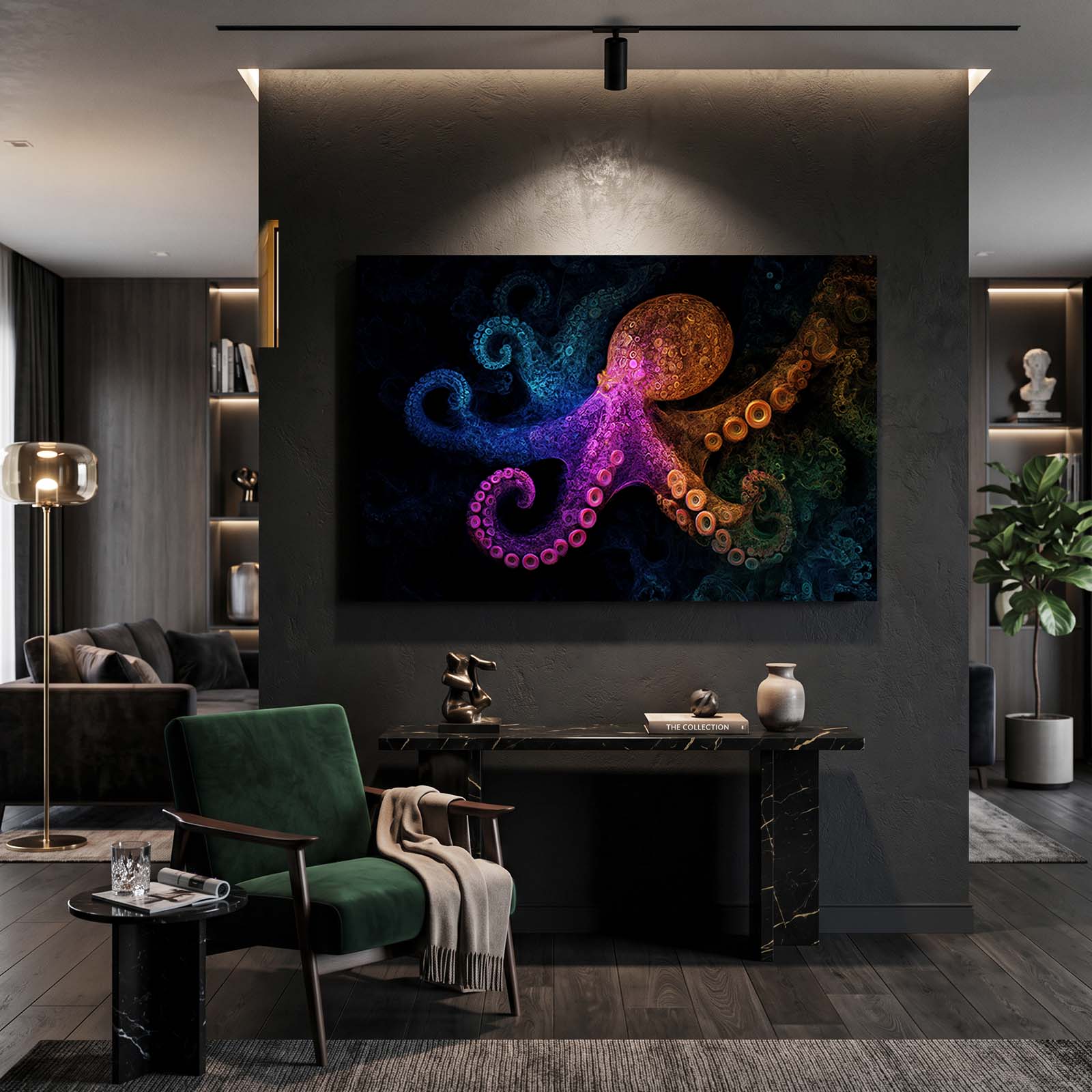 Jewel Deep Glow Octopus Canvas Art – styled in a furnished interior