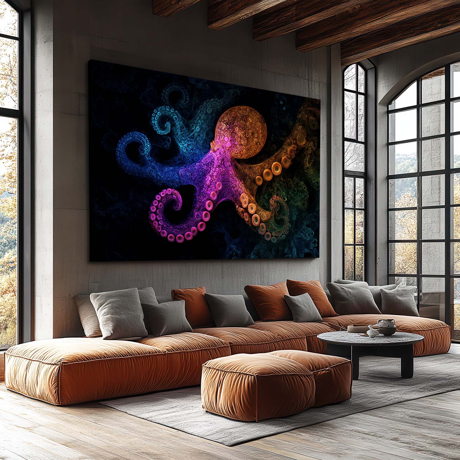 Jewel Deep Glow Octopus Canvas Art – styled in a furnished interior