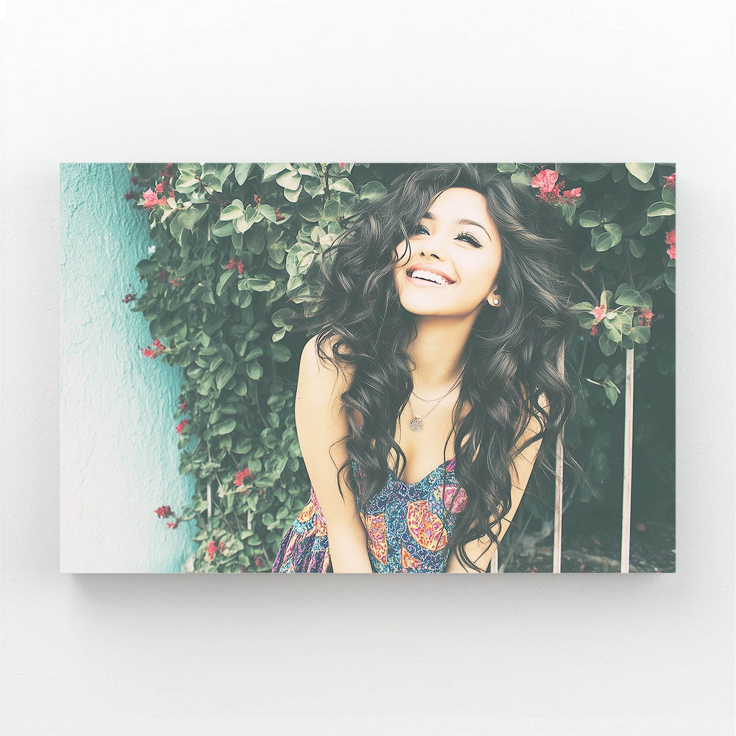 Joyful Bloom Photography Wall Art – laughing woman beneath a wall of blossoms