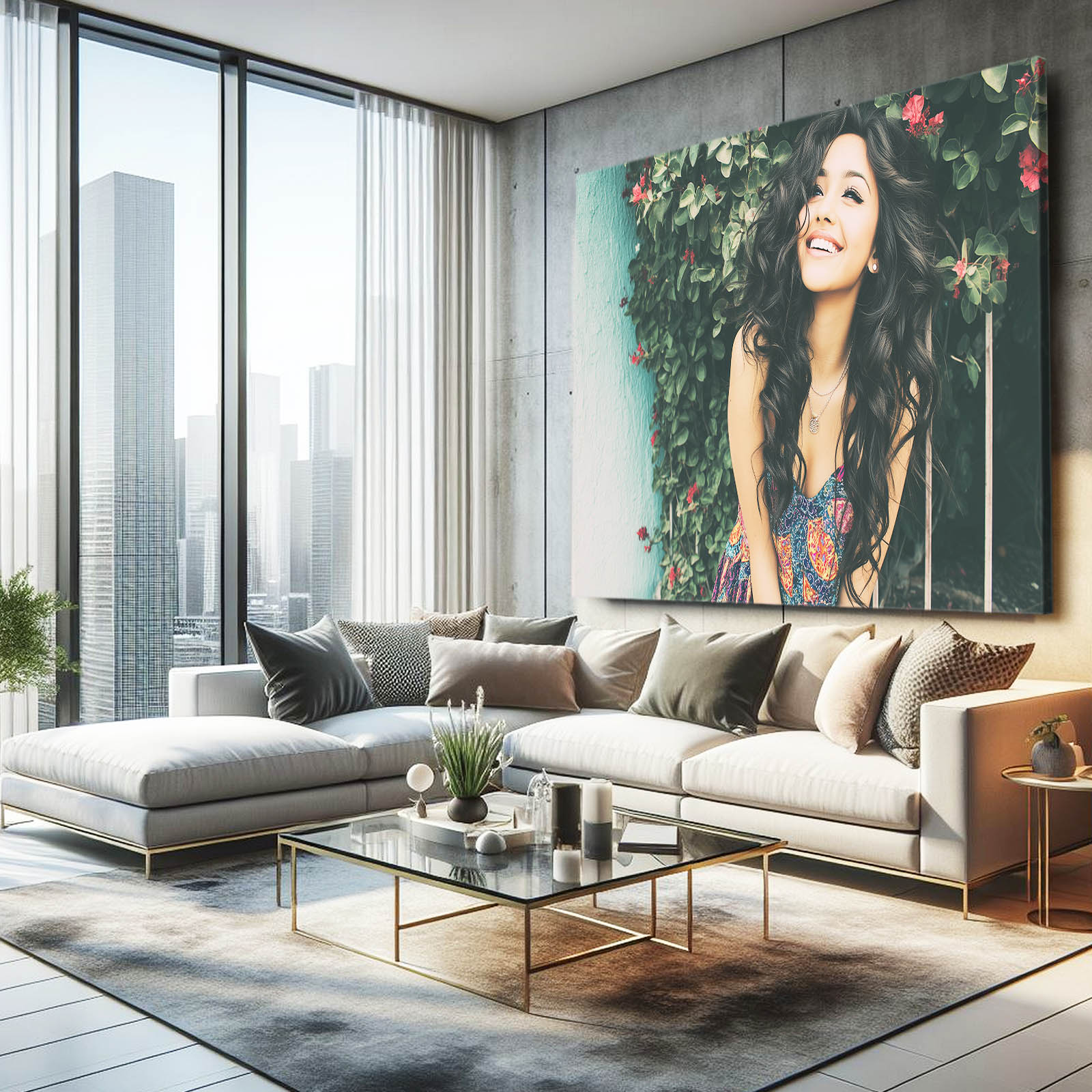 Joyful Bloom Photography Wall Art – in a lounge with floor-to-ceiling city views