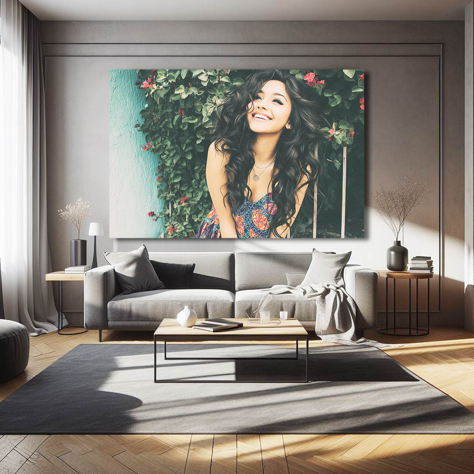 Joyful Bloom Photography Wall Art – above a dark sofa in a modern loft