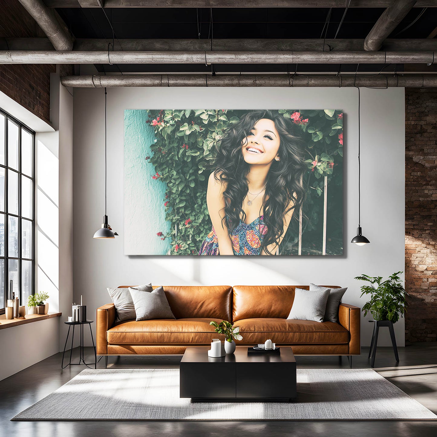 Joyful Bloom Photography Wall Art – above a leather sofa in an industrial loft