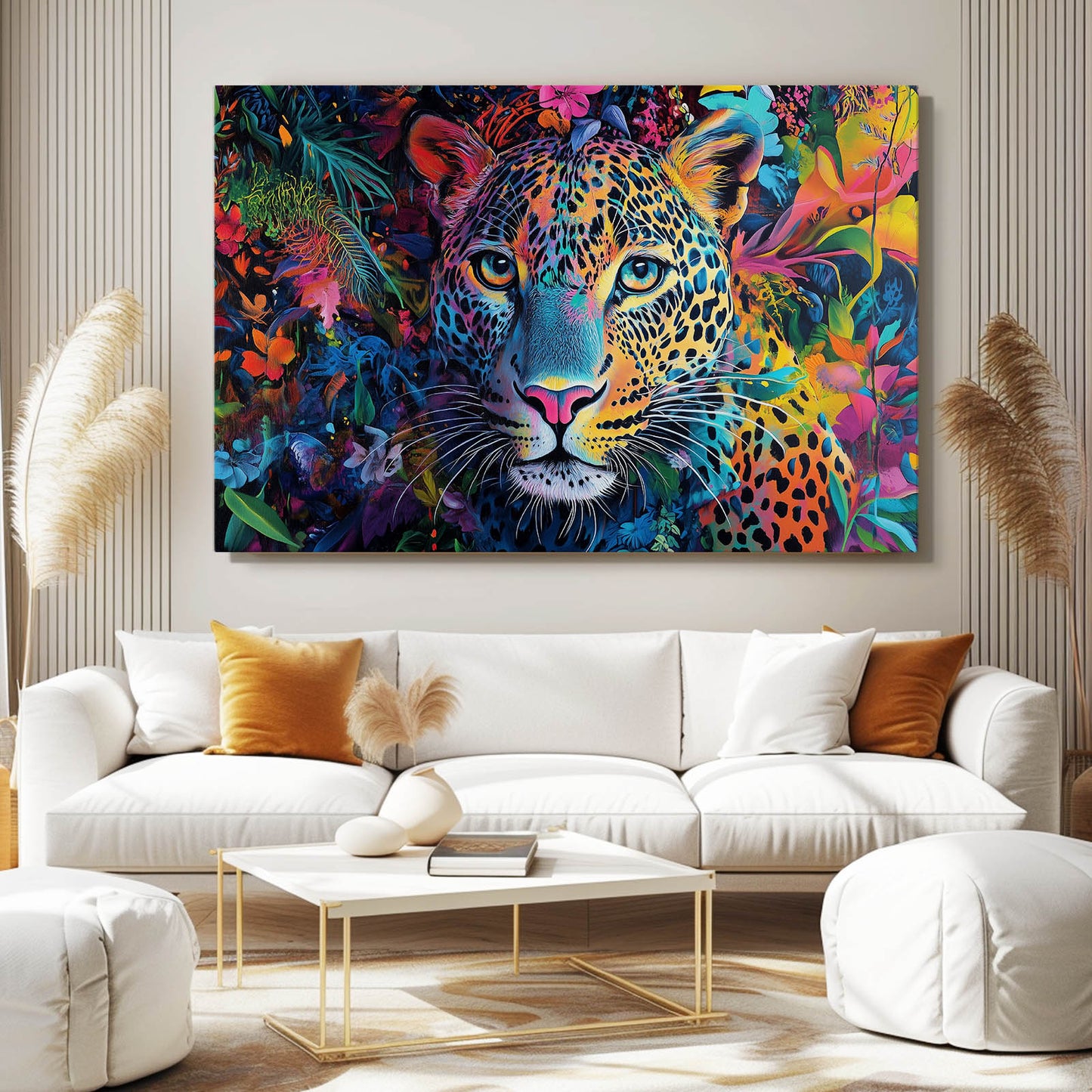Jungle Color Explosion Leopard Canvas Art – styled in a furnished interior