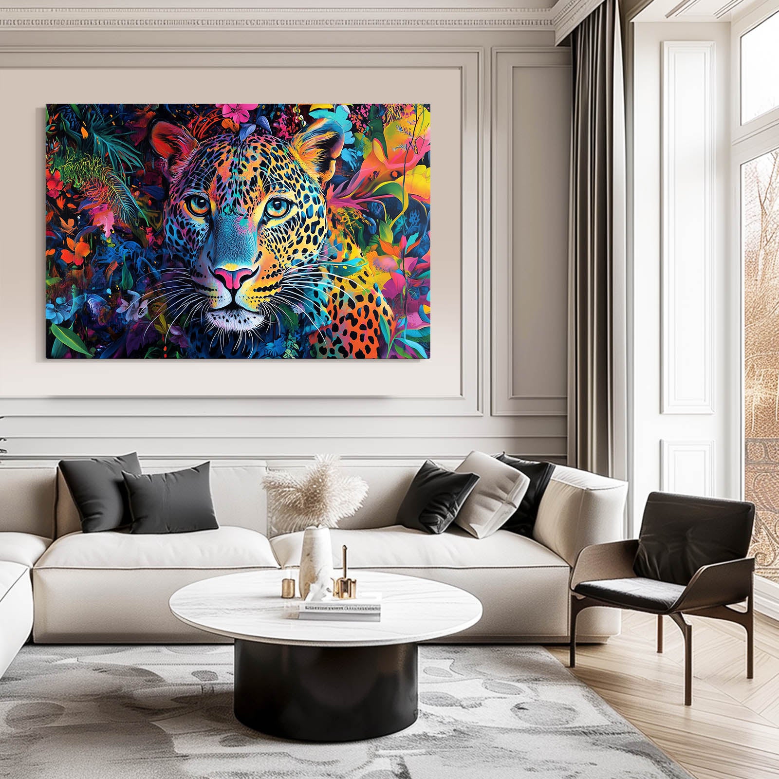 Jungle Color Explosion Leopard Canvas Art – styled in a furnished interior